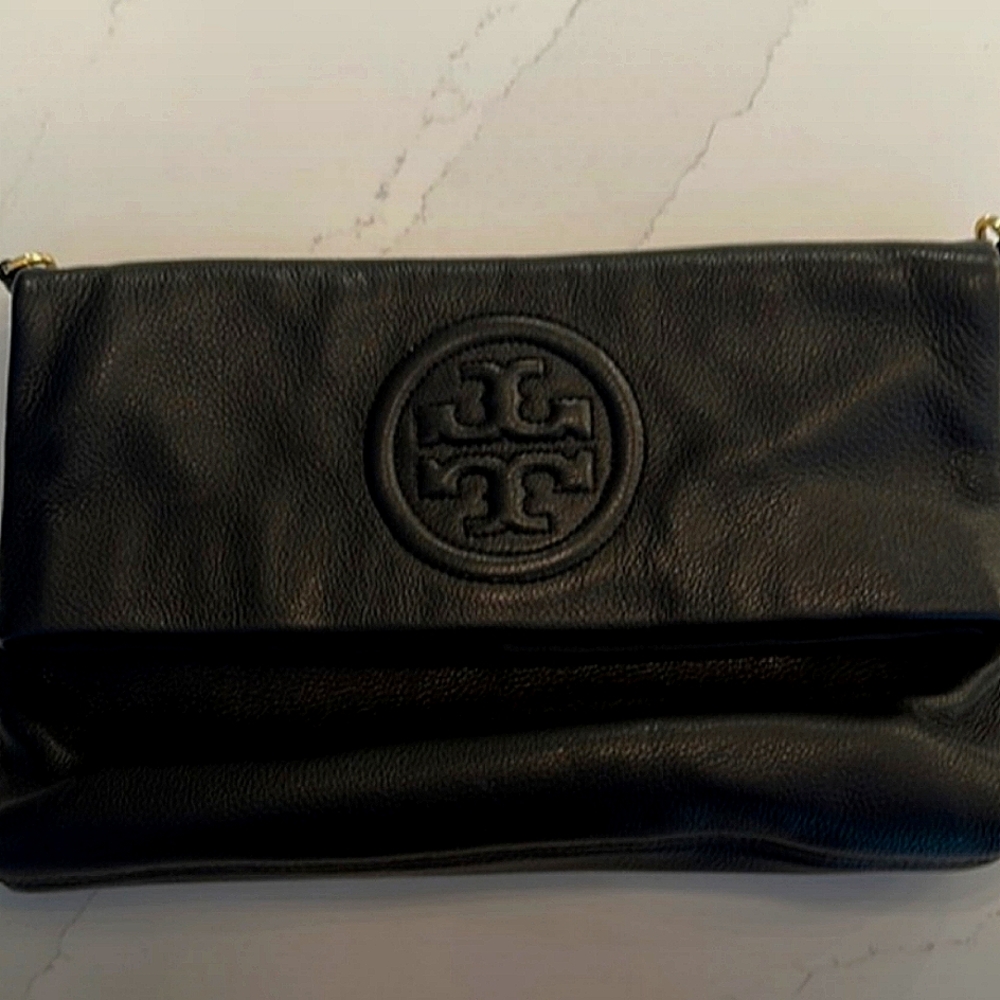 RARE🔥💎TORY BURCH Black Leather Fold Over Crossbody Clutch💎🔥🔥SALE